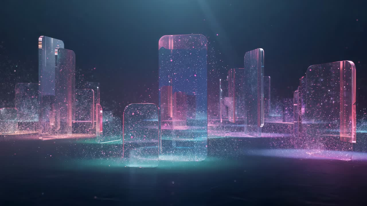 Glowing tall glass prism pulsing on pool, particles increasing, underglow growing, camera moving in
