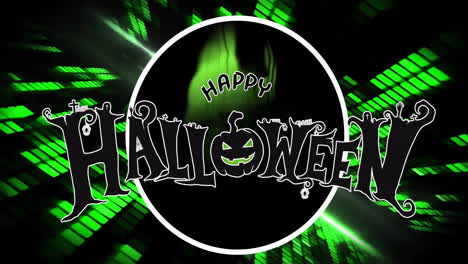 happy halloween text animation over green digital equalizer background