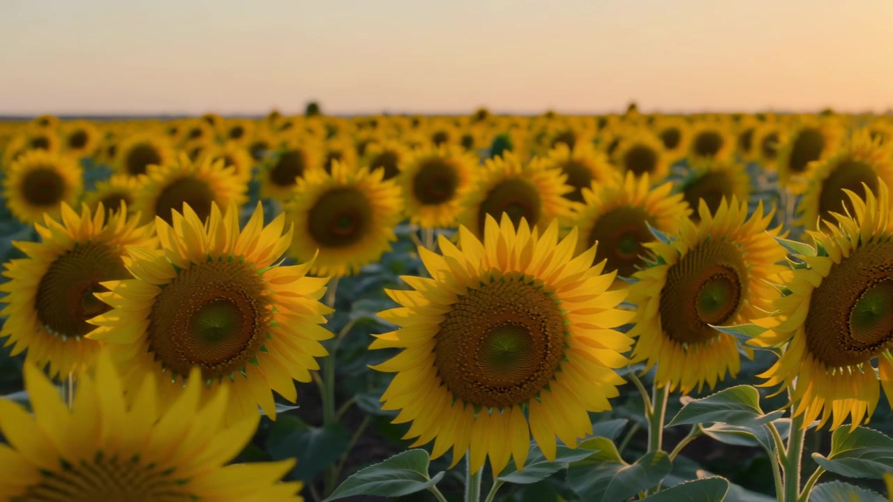 Câmera de rastreamento mostrando girassóis mudando o centro, trazendo as flores para o foco em um campo na hora dourada.