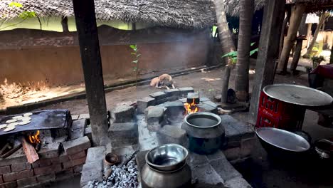 an outdoor kitchen under a thatched roof, featuring cooking pots and a griddle over a wood fire, with a dog relaxing in the background and ash scattered around