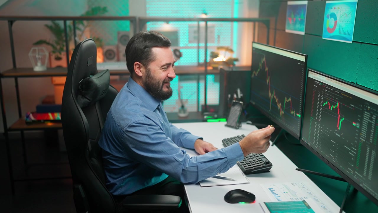 Happy Man Holding Bitcoin and Celebrating Successful Cryptocurrency Trading