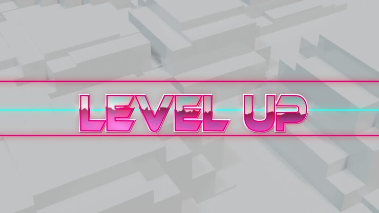 Animation af tekst "level op" over lysspor på hvid baggrund