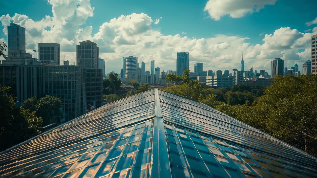 Nuvens passageiras fazem com que o topo metálico do telhado brilhe ao longo da borda do parque urbano, projetando padrões de luz