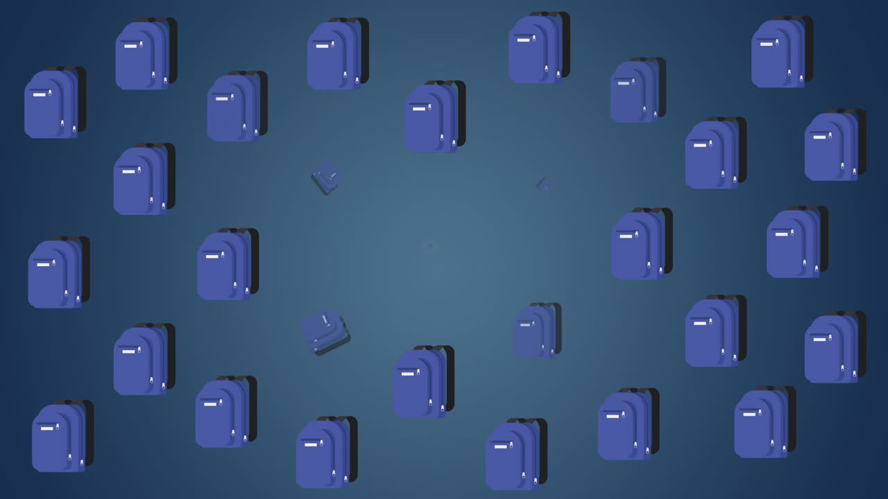 Animation of multiple school bag and book icons against copy space on blue gradient background