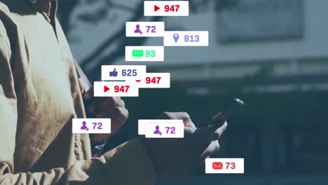 animação de ícones e números de mídias sociais sobre emojis de doença de fala com emojis de doença e mídias sociais