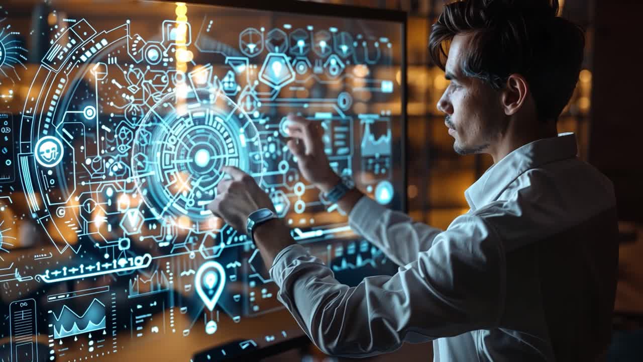 Man interacting with a futuristic digital interface