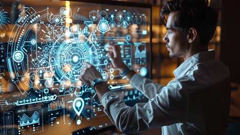man interacting with a futuristic digital interface