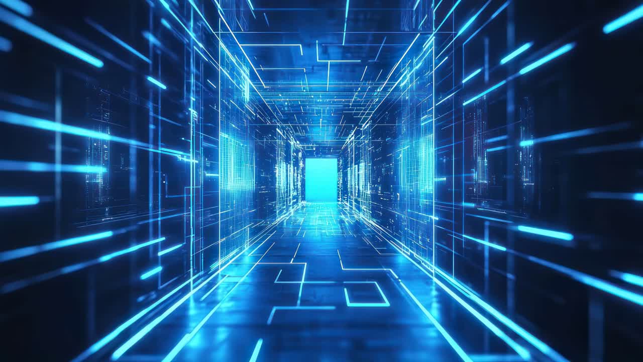 Futuristic digital data tunnel with blue geometrical patterns, video