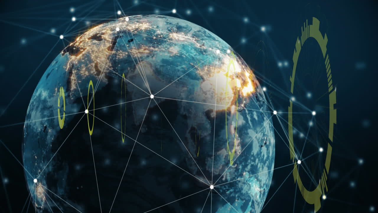 Animation of loading circles with connected icons around rotating globe against black background