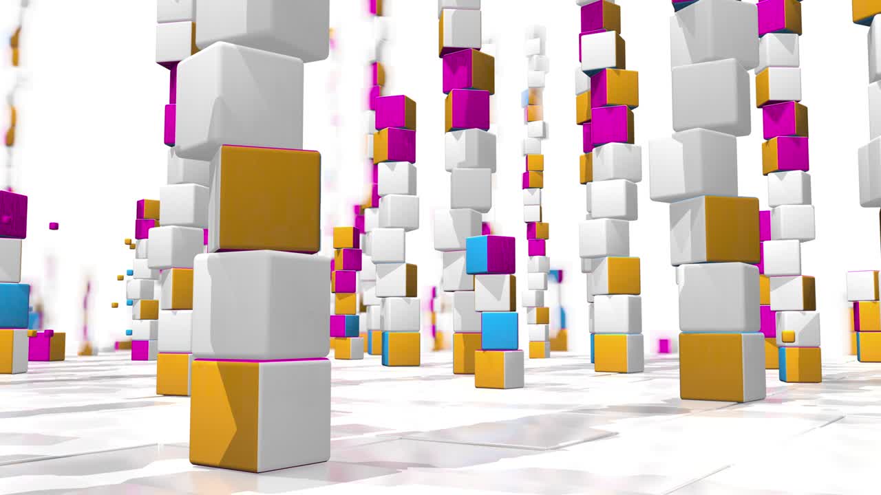 Camera moves between towers of colored cubes with small cubes flying around on a white checkered surface. Loop sequence. 3d animation