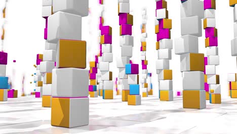 camera moves between towers of colored cubes with small cubes flying around on a white checkered surface. loop sequence. 3d animation