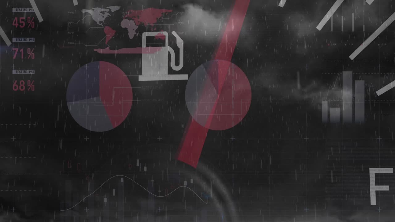 흐린 하늘에서 비와 번개에 대한 인포그래픽 인터페이스를 통해 스피도미터의 애니메이션