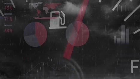 animación del velocímetro sobre la interfaz infográfica contra la lluvia y los relámpagos en el cielo nublado