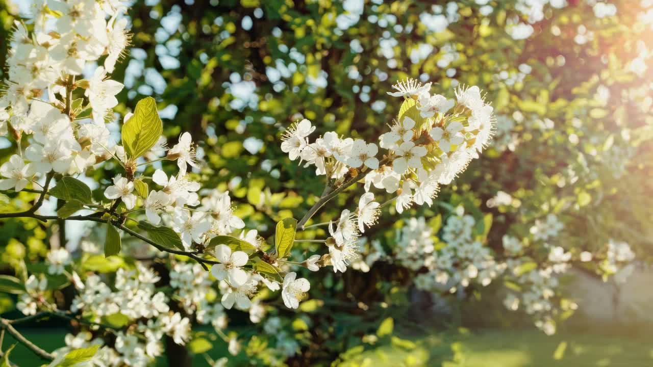 Close-up of blooming white flowers with sunlight filtering through leaves, creating a serene