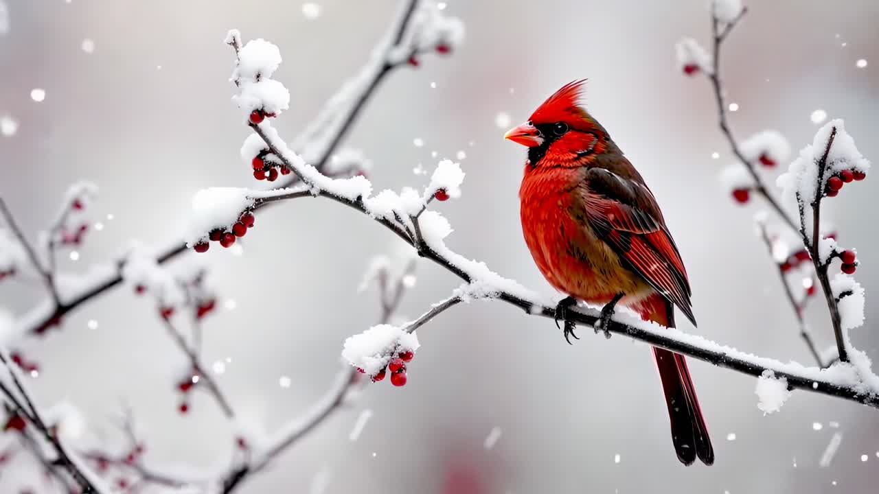 A vibrant cardinal perched on a snow-covered branch, captured from a side angle