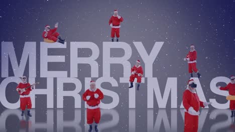 Multiple-santa-claus-over-merry-christmas-text-against-blue-background