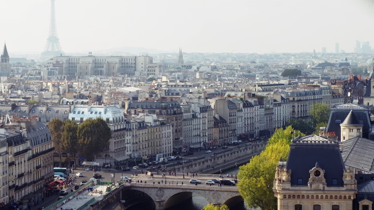 Aerial view of the St. Michael's Bridge over the Seine river in the center of Paris, France