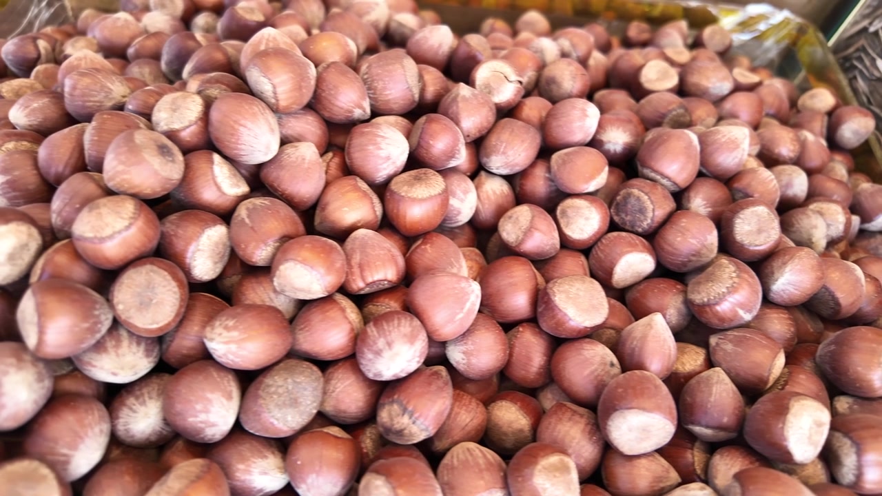 Primo piano di nocciole fresche con guscio al mercato