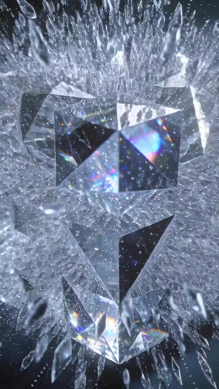 Video verticale: Luce che si muove, gemma tagliata rotante che forma un anello, frammenti che fluttuano nel vuoto oscuro