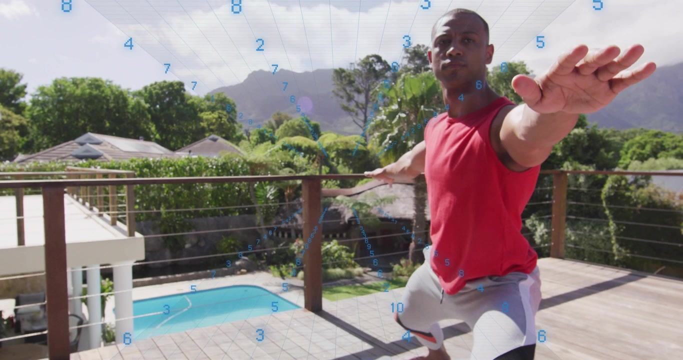 Man stepping onto yoga mat and holding warrior II pose with animated posture lines over pool
