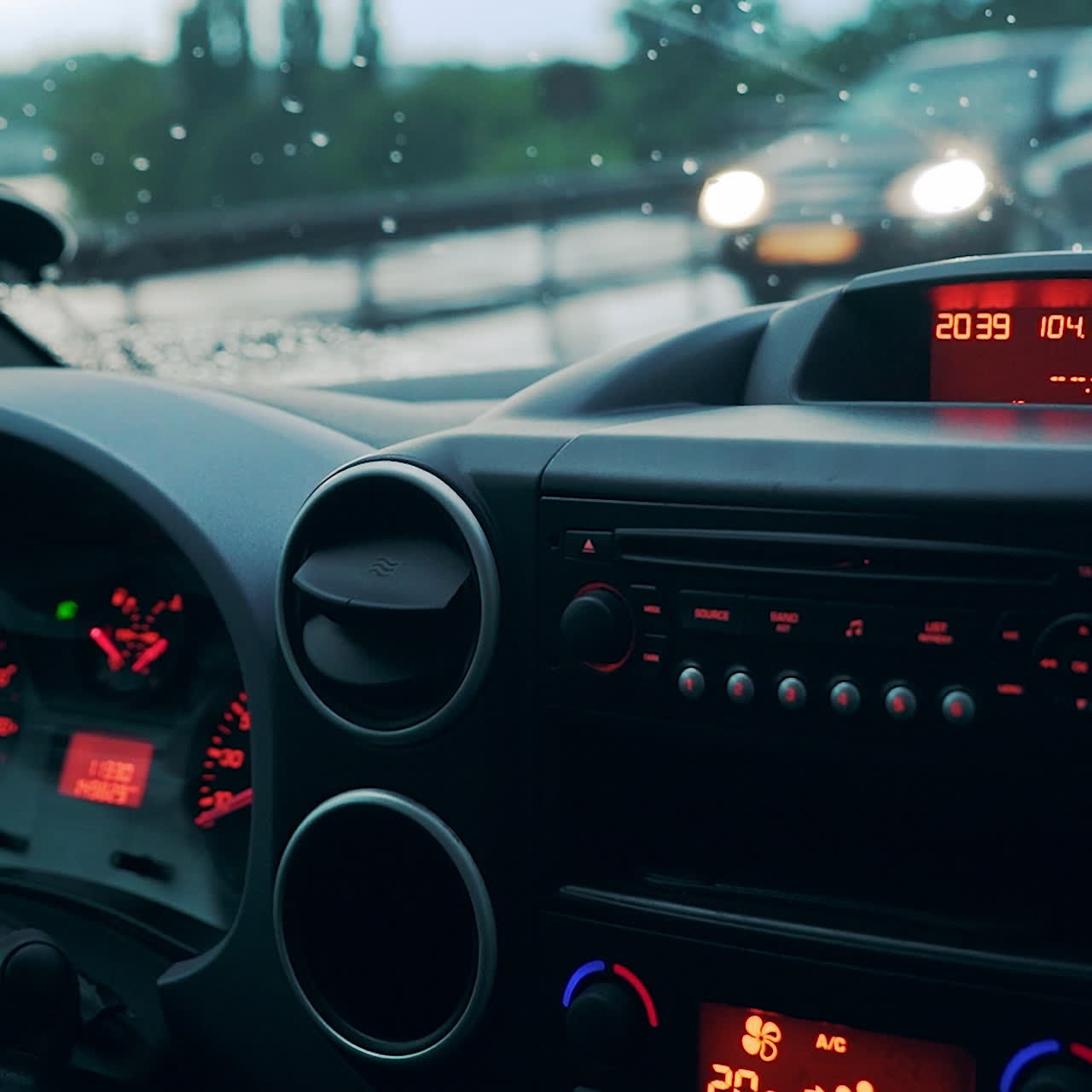 Car dashboard and wet windshield from a heavy rain in a heavy traffic. Close-up