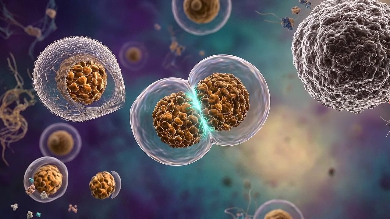 Mikroskopische Ansicht des Zellteilungs- und Mitoseprozesses in biologischer Flüssigkeit
