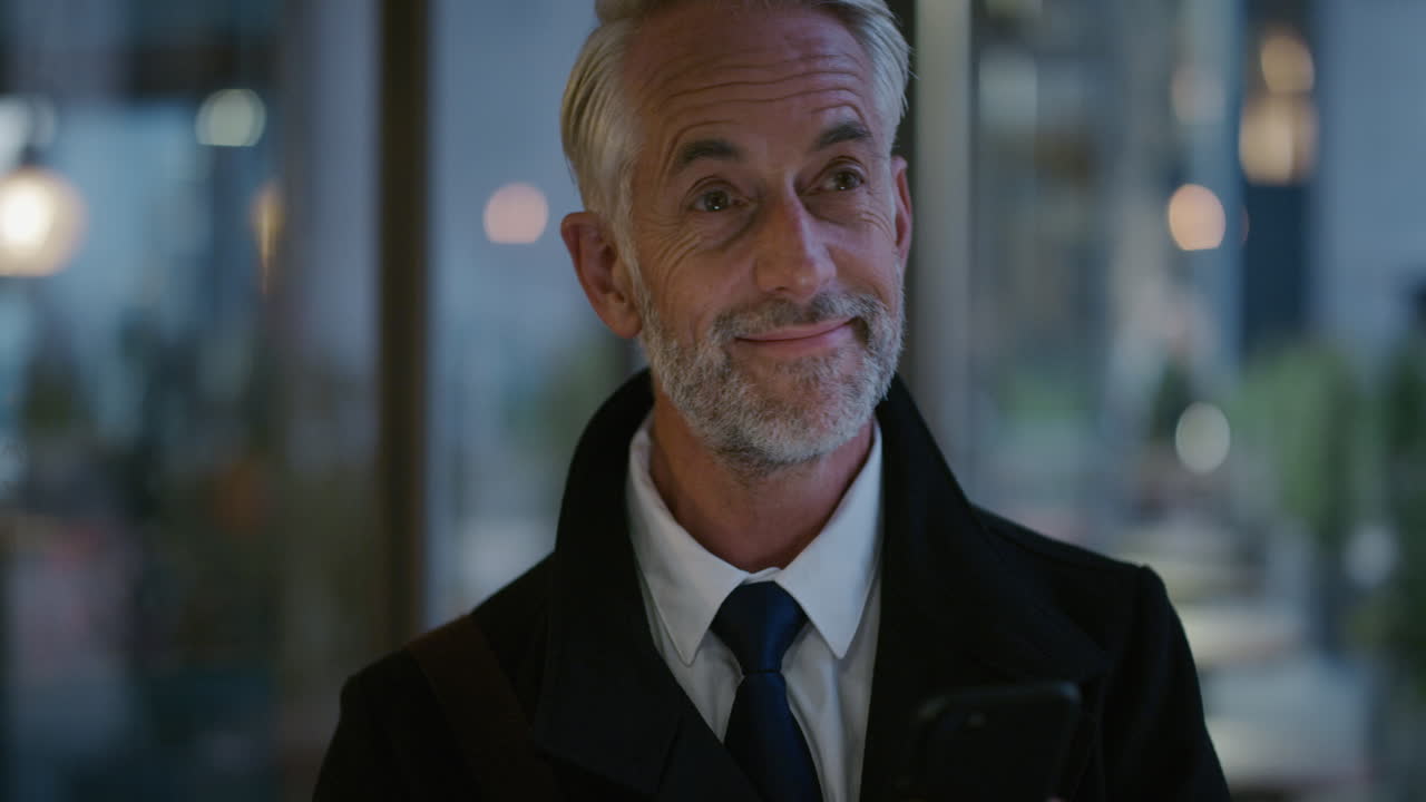 retrato exitoso hombre de negocios maduro que usa un teléfono inteligente disfrutando de mensajes de texto navegando mensajes en el teléfono móvil feliz empresario senior comunicándose en línea en la noche urbana