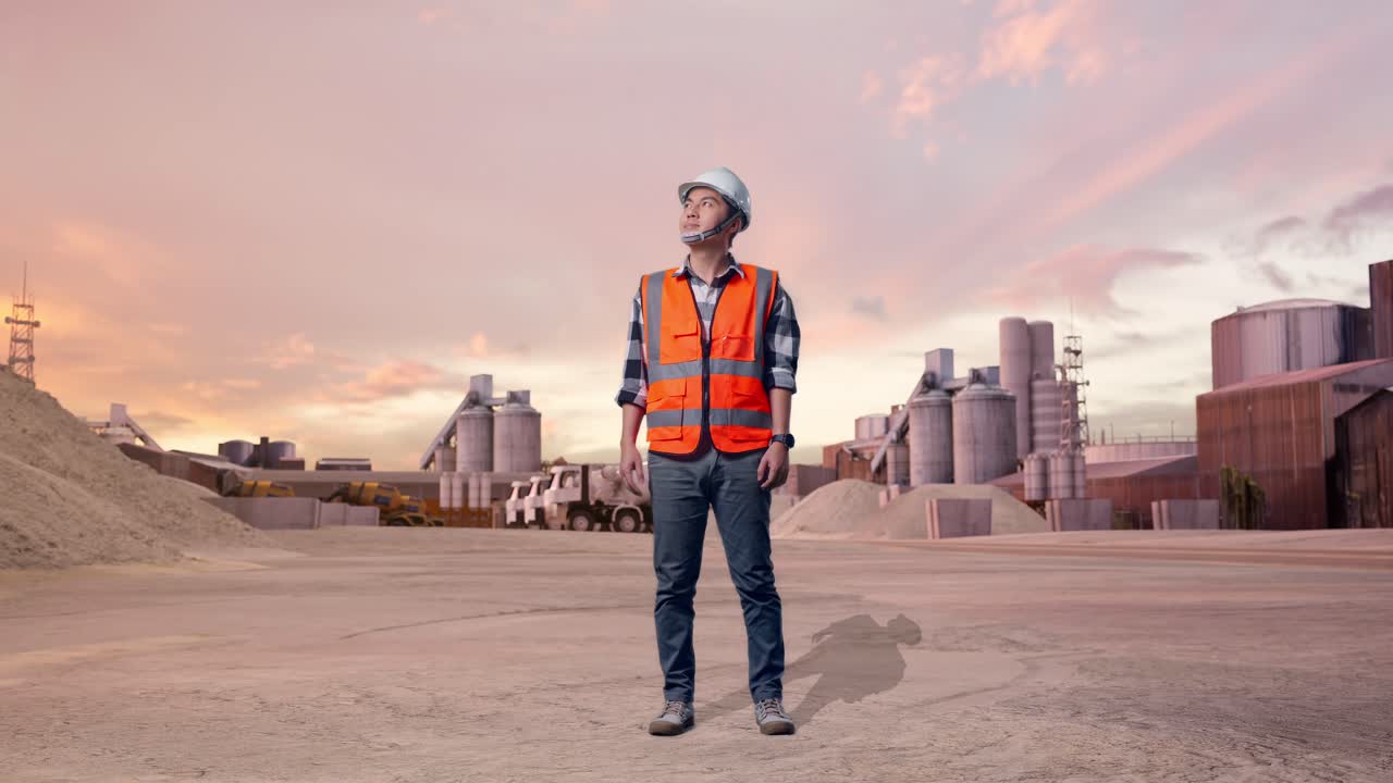 Cuerpo completo de un ingeniero asiático con casco de seguridad, mirando a su alrededor mientras está de pie en una planta de cemento industrial con camiones mezcladores al atardecer.
