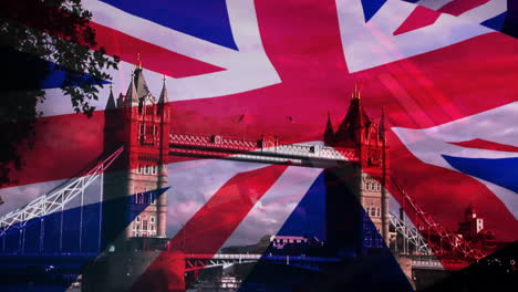 union jack flag animation over tower bridge in london
