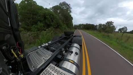 perspectiva de la vista trasera de un camión conduciendo en una carretera rural bajo un cielo nublado con bosques a ambos lados