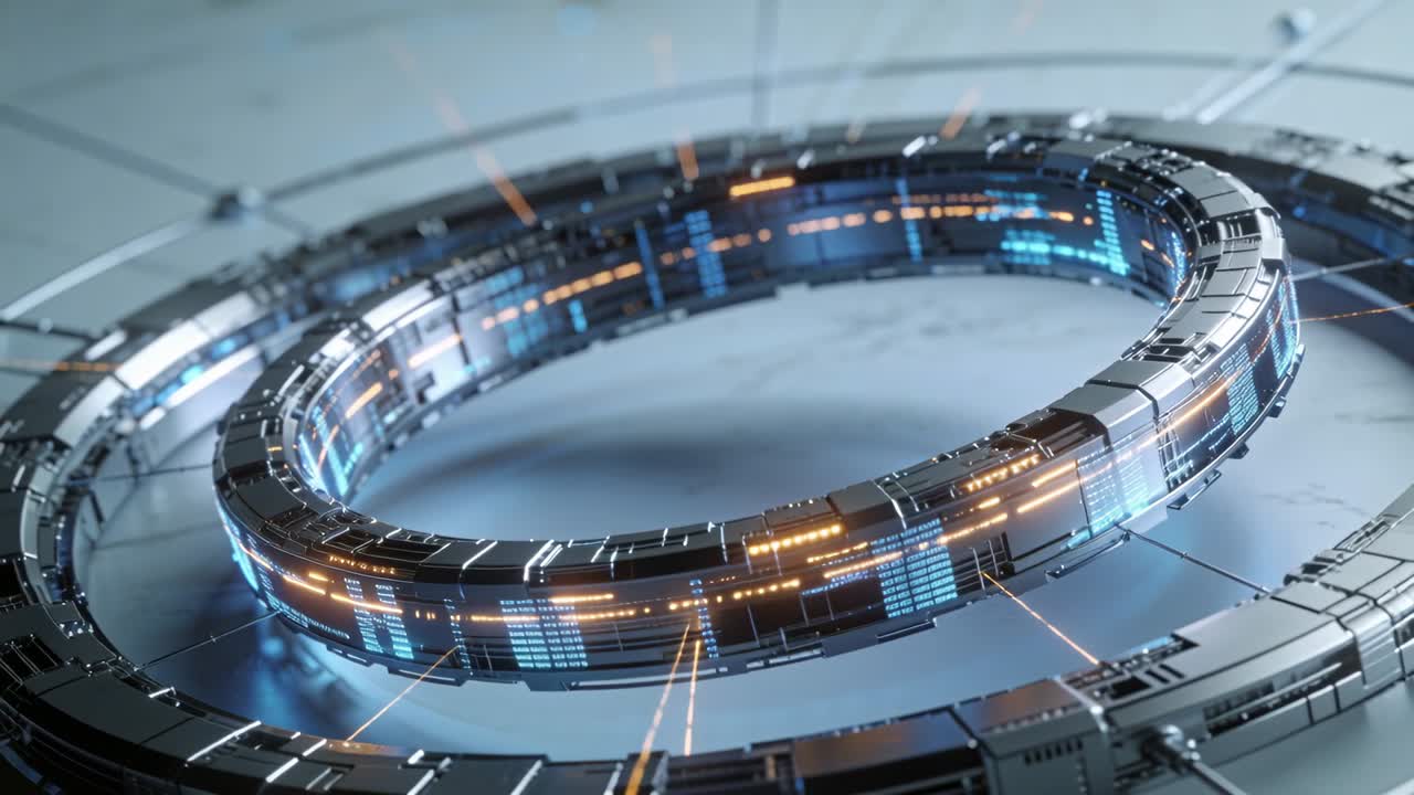 Assemblaggio toroidale che si accende, ruotando in una demo tecnologica, con indicatori blu e ambra pulsanti per la diagnostica.