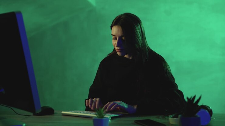 Woman working with a computer on a colorful background