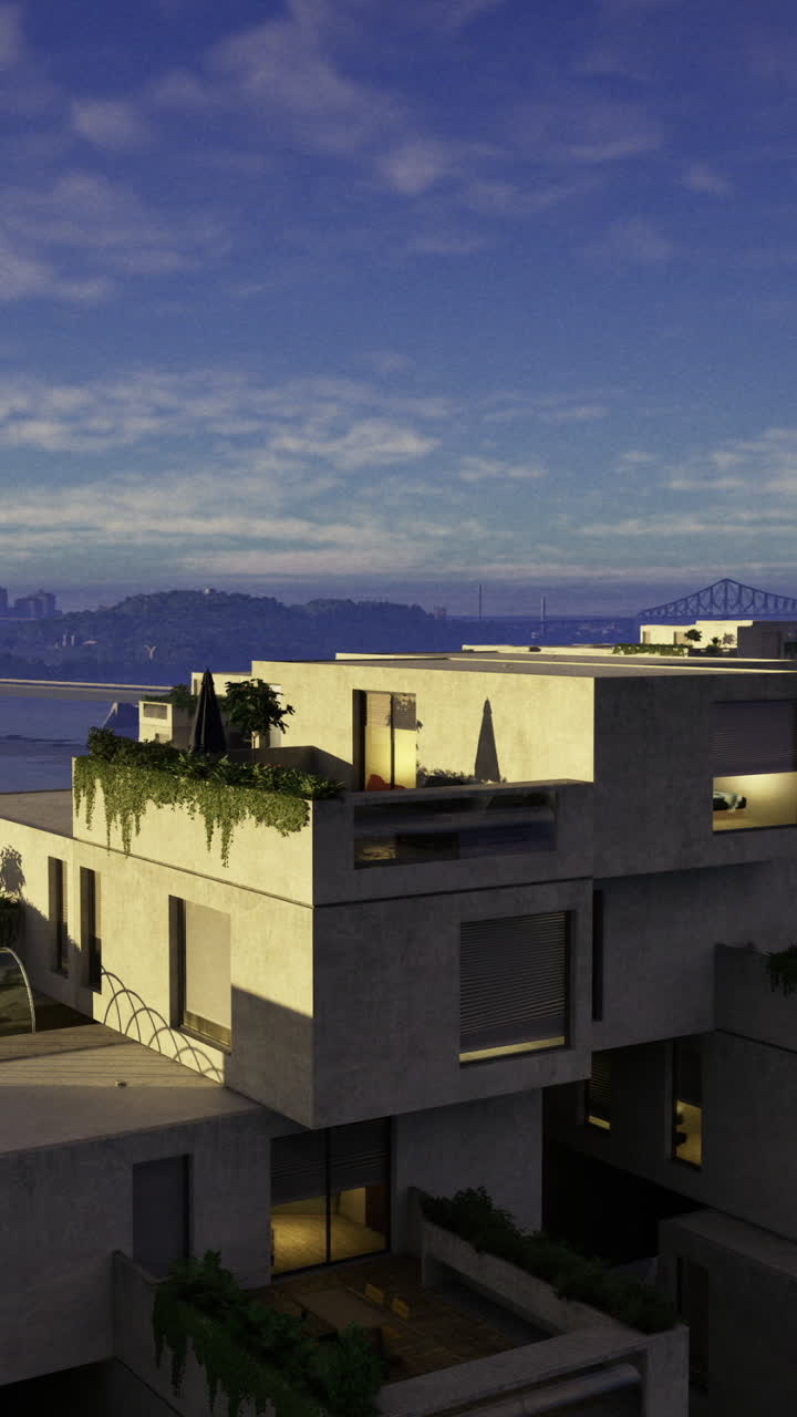 Modern architecture overlooks a serene riverside skyline at dusk