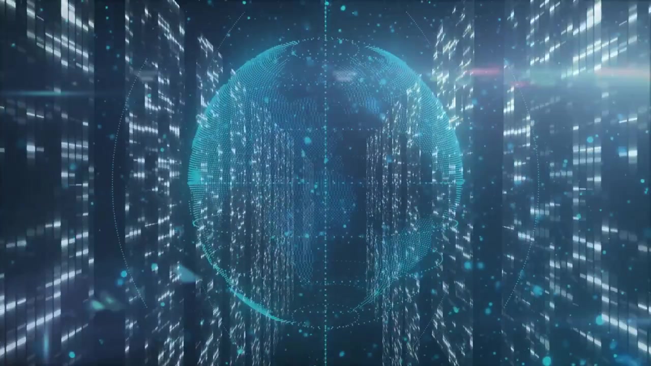 camera nearing wireframe globe materializing in tech tunnel while rotating nodes shaping continents