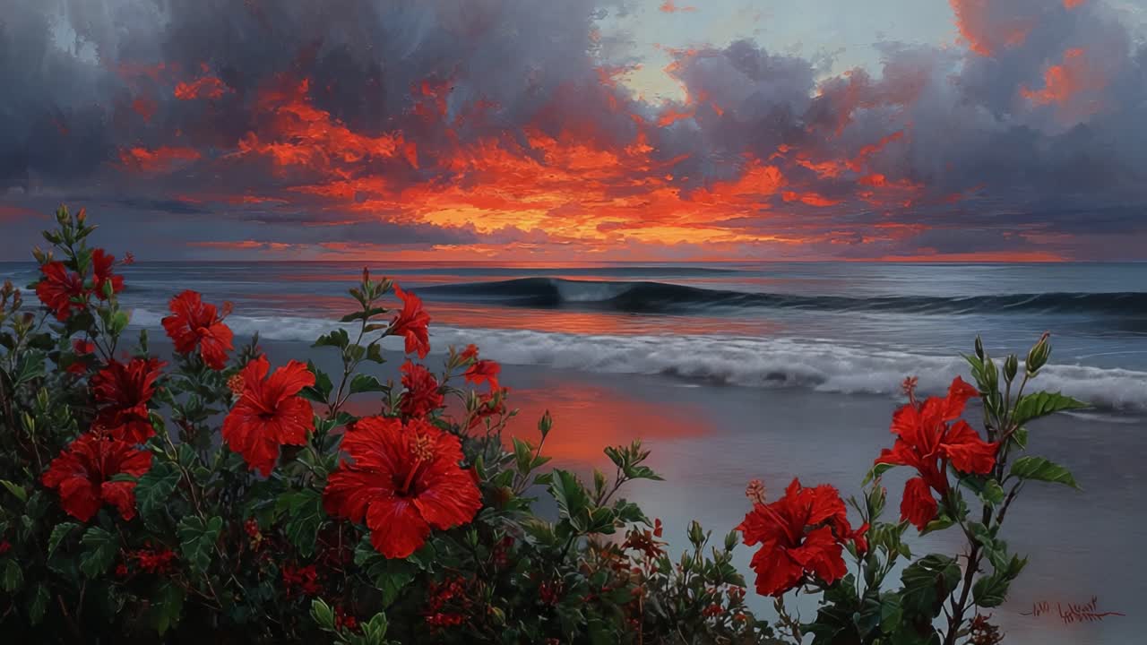 Captivating Hibiscus Blossoms Framing a Breathtaking Sunset Over Serene Ocean Waves, Highlighting Nature's Beauty and Tranquility