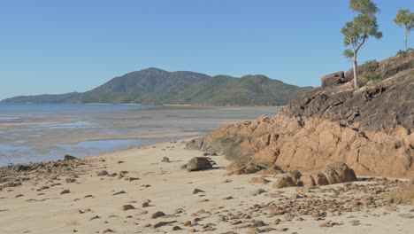 Beach-Rocks-At-The-Sandy-Seashore-Of-Shaw-Island-During-Low-Tide-In-Whitsundays,-Queensland,-North-Australia