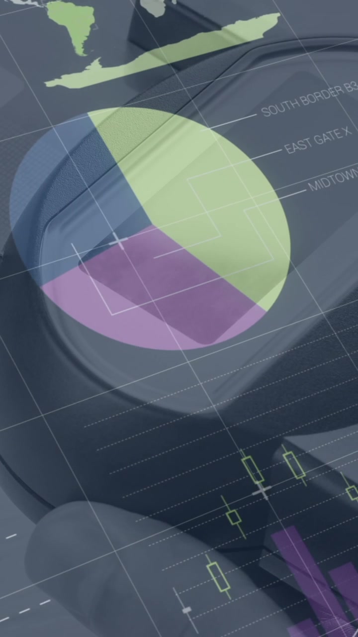 Animation af grafer og finansielle data over hånden på en kaukasisk mand, der holder en betalingsterminal