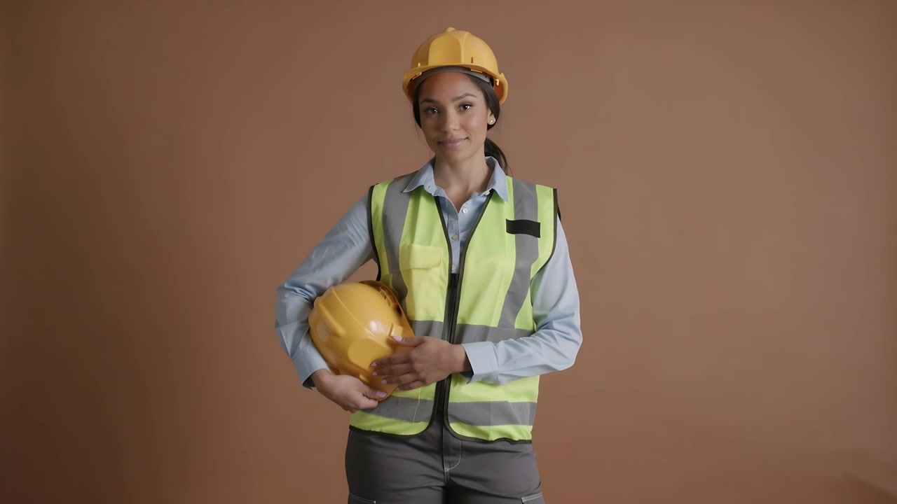 Una donna entra in studio, indossando un gilet ad alta visibilità e un casco, e tiene in mano un cappello di ricambio, mostrando l'equipaggiamento di sicurezza.