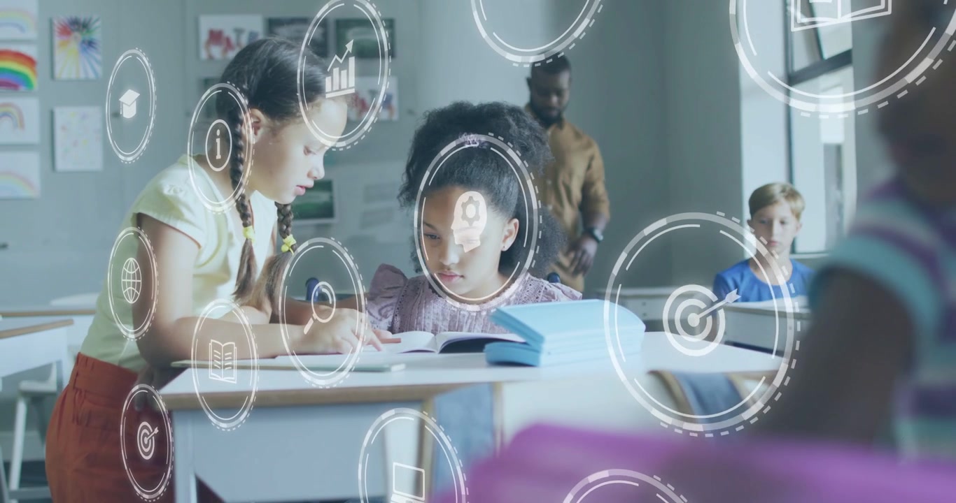 Vertical video: Noticing seated look, braided girl helping by writing in book in class icons rising