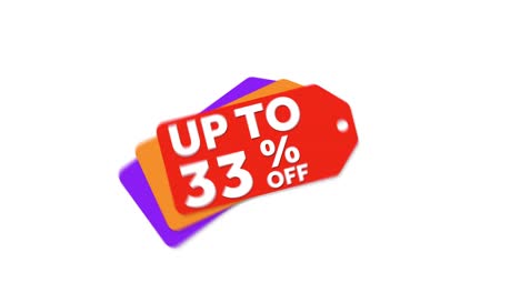 red, orange, and purple sale price tag element animates in, advertising up to 33% off sale