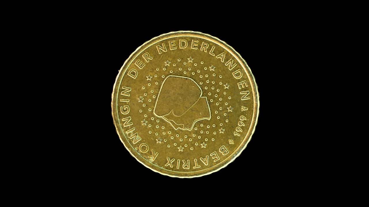 Netherlands 1999 50 cent obverse with Queen Beatrix portrait rotating on black background