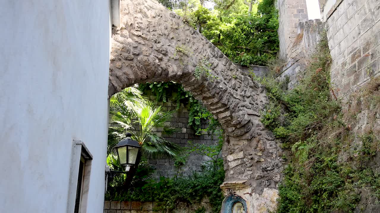 울창한 초록색으로 된 고대 돌로 된 아치