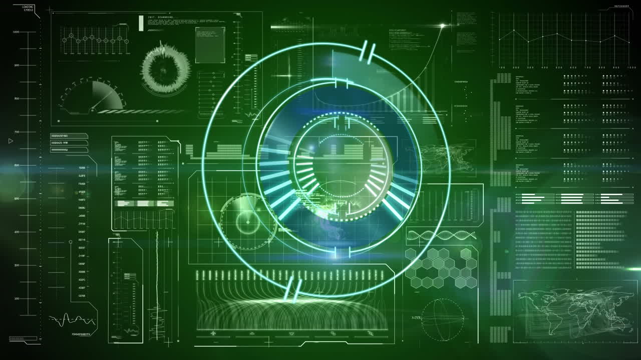 Animazione di un mirino di scansione sopra un'interfaccia digitale su sfondo scuro