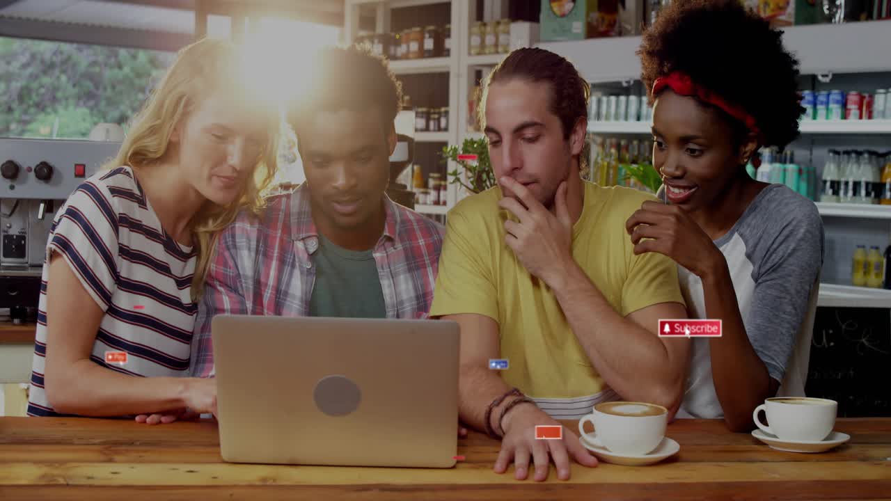 Friends gathering around laptop when Play, Like, Subscribe icons multiplying, boosting marketing