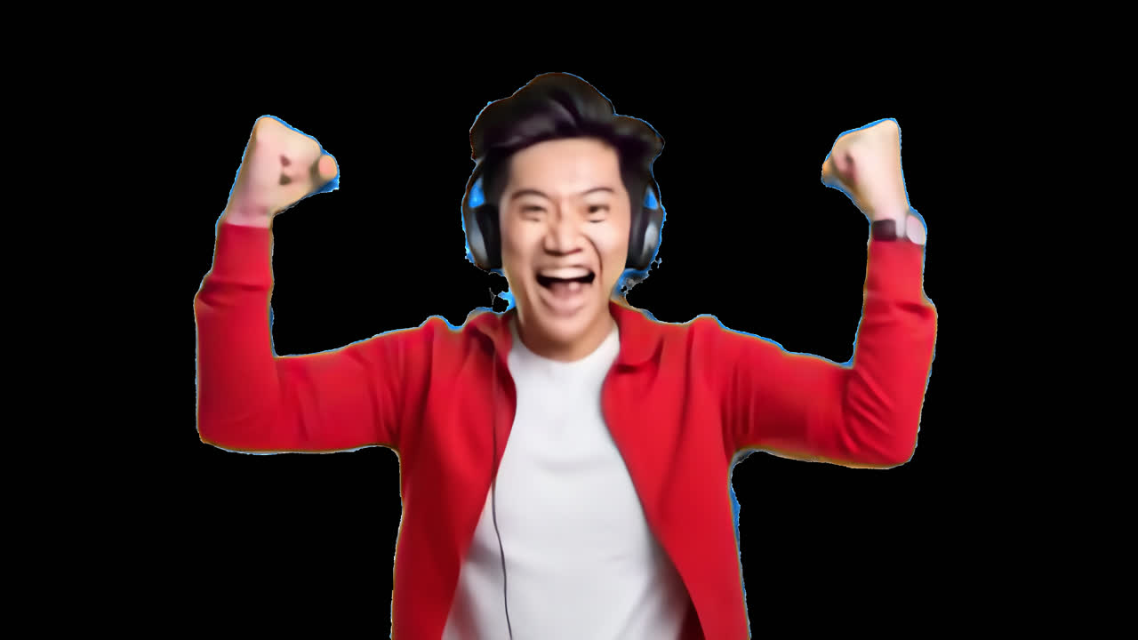 음악 애니메이션을 즐기는 신난 남자 고립 에셋, 투명 4K 비디오, 알파 채널, ProRes