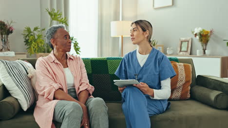 elderly, woman and nurse with tablet