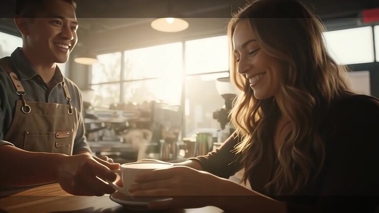Barista Serving Hot Coffee to a Smiling Customer in a Cafe