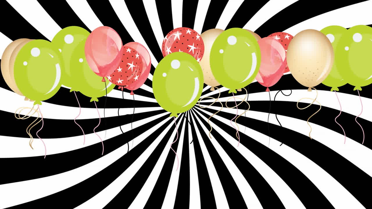 animación de globos de colores volando sobre un fondo blanco y negro