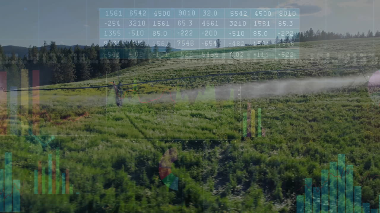 animación de análisis de datos agrícolas sobre agricultores que trabajan en campos verdes