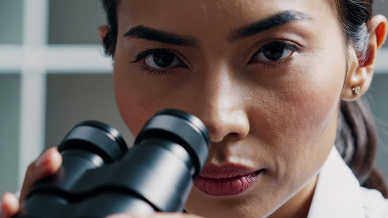 A female scientist conducting research with a microscope in a laboratory